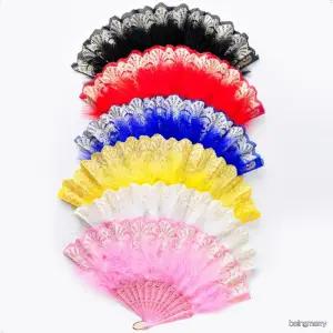 화려한 깃털 레이스 장식 접이식 부채 댄스 공연 파티 무용 소품 핸드팬