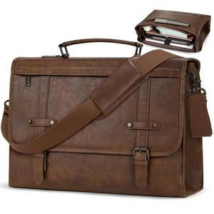 레인모어 남성 메신저백 17인치 방수 빈티지 가죽 노트북 서류 가방 대형 컴퓨터 사첼백 레트로 숄더백, 브라운