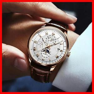 럭셔리 남성용 방수 크로노그래프 문페이즈 패턴 야광 손목 시계 가죽 쿼츠 캐주얼