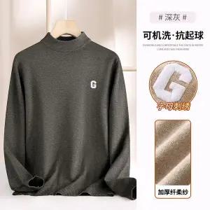 터틀넥 목 티 폴라 캐시미어 니트 기모 스웨터 겨울 하프 남성 2025 트렌디 자수 긴팔 미드 칼라 두꺼운 스