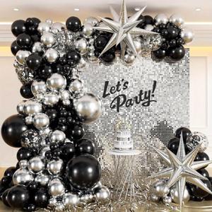 생일, 결혼식, 졸업, 기념일, 졸업 파티 장식을위한 137Pcs 검정과 은색 풍선 세트 아치 화환