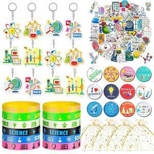 타지미 98 PCS 과학 파티, 열쇠고리 스티커 고무 팔찌 버튼 핀과 가방으로 과학자 화학 테마 파티 용품 지원