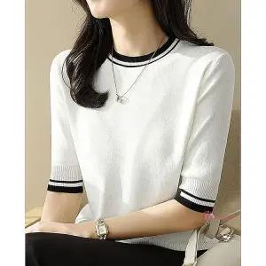 니트티 얇은 여성 반팔 라운드 여름 칠부 흰색 썸머 정장 오피스룩 출근룩opq600