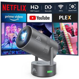 [배터리 내장] Wi-Fi 및 블루투스가 지원되는 미니 프로젝터, 4K 1080P, 270 회전 가능 150인치 화면 자동 키스톤 홈 야외 휴대용 스마트 프로젝터, 휴대폰/TV/노트북/HDMI, 아이언 그레이