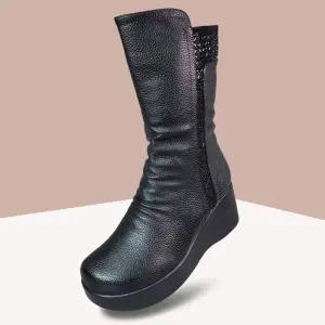 마마슈 로니 여성 가죽 미들부츠 방한화 겨울 털기모 지퍼 7cm 통굽 웨지 큐빅 둥근코 발볼편한 논슬립