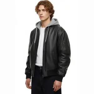 ZARA 콤비 후드 가죽 효과 점퍼 - 블랙 241652