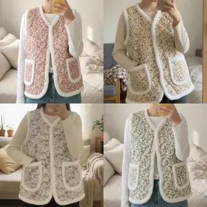 러블리 융털조끼 꽃무늬 할머니조끼 커플룩 우정룩 빈티지 겨울 누빔 기모 깔깔이 베스트