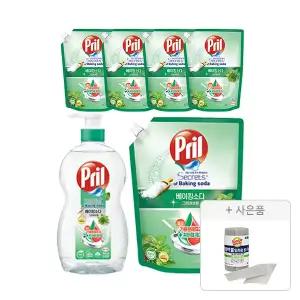 프릴 베이킹소다 허브 용기, 700ml, 1개 + 리필, 1L, 5개  + 증정 (버블버블 일회용 롤 수세미 28장(롤형),1개)