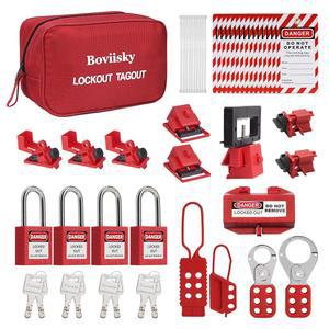 BOVIISKY Lockout Tagout Kit 전기 Loto- 걸쇠, 클램프 온 및 범용 다극 회로 차단기 잠금 장치, Loto 안전 자물쇠 4개, 태그, 포켓 백이 있는 나일론 타이, 다른 키, 7131R