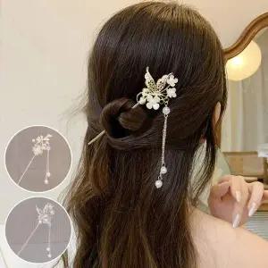 [골드스마일]혼주헤어 셀프웨딩 올림머리 꽃나비진주장식 일자비녀 빗핏