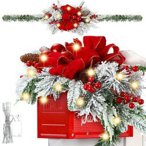Giegxin 71인치/ 5.92피트 크리스마스 우체통 스웩, 빛, 빨간 활 눈 덮인 화환 조명 인조 소나무 라탄 원뿔 열매 실내 현관 장식