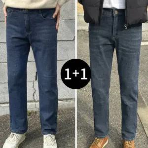 1+1 남성 기모 청바지 겨울용 스판 일자 데님 데일리 캐주얼