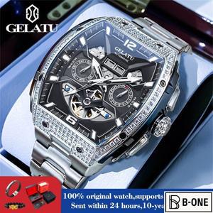 젤라투 6016 남성용 시계, 큰 다이얼 오토매틱 기계식 속이 비치는 딥 방수 요일 날짜 표시, 고급