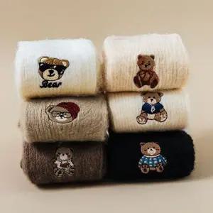 여성 중목 양말 두꺼운 캐릭터 골지 여성 곰돌이 양말 겨울 발목