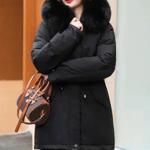 여성 부드러운 퍼안감 탈부착 트리밍 후드 허리조절 이중 버튼 겨울 아우터 패딩 점퍼 잠금