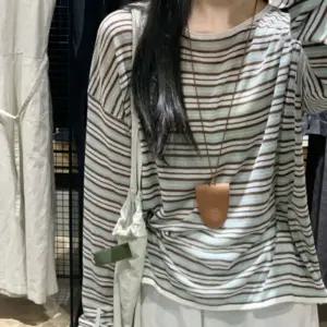 여성 루즈핏 내추럴 꾸안꾸 배색 이너 데일리 스트라이프 티셔츠 민트 긴팔티