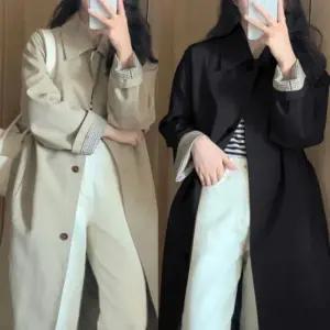 여성 클래식 체크 포인트 심플 베이직 배색 오버핏 허리스트랩 트렌치코트 롱코트 롱자켓