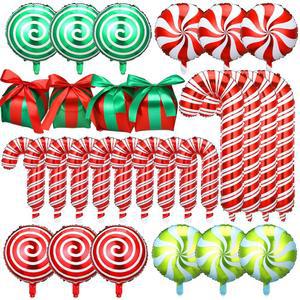 Arrowbash 72개 크리스마스 풍선 장식 세트 빨간색 및 녹색 사탕수수 소용돌이 막대사탕 선물 상자 테마 생일 파티 장식용 호일