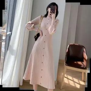 데이트룩 여성 터틀넥 니트롱 버튼 긴팔원피스 벌룬소매 하객룩