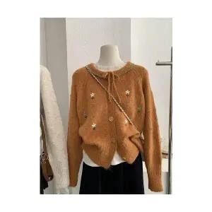 마킷5 여성 카디건 심플 루즈핏 핸드메이드 꽃 자수 스웨터 가을 겨울 끈 니트 톱 JEN4