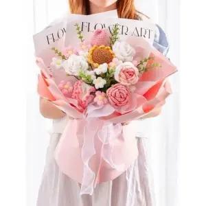 프리미엄 뜨개 꽃다발 완성품 니트 선물 손뜨개 장미 핑크 대형 A