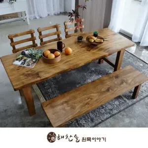 해찬솔 통원목 에코 6인용식탁 세트B 2000_w700_tr 의자포함 통원목다리 원목식탁 우드슬랩 카페테이블