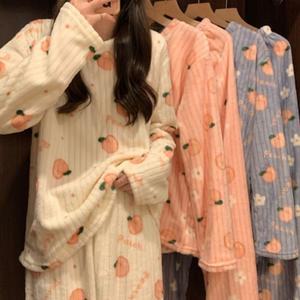 여성 빅사이즈 극세사 수면 잠옷 골지 바지 여자 겨울 원피스 곰돌이 파자마 홈웨어