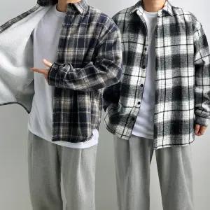 리얼타임 양털 플란넬 모직 체크셔츠/ 남자 오버핏 겨울 체크 남방 셔켓 기모 커플 보아털 플리스 [6COLOR]