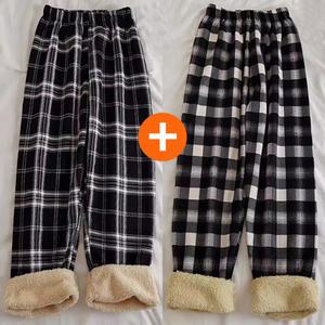 여성 양털 체크 기모 수면 바지 융털 겨울 와이드 밴딩 팬츠 잠옷 파자마 2개