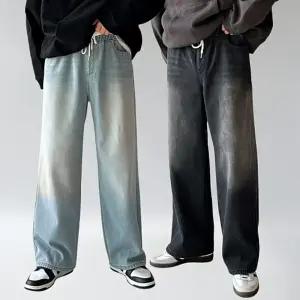 남자 올밴딩 일자 워싱 와이드 기모 청바지 데님 팬츠