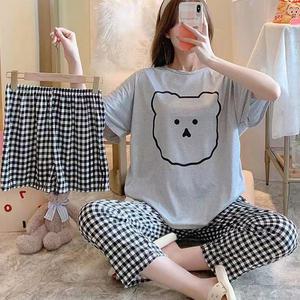 쉬블림로브 3피스(반팔+반바지+긴바지) 여성 캐릭터 체크 홈웨어 파자마 잠옷 세트 GGWD0209