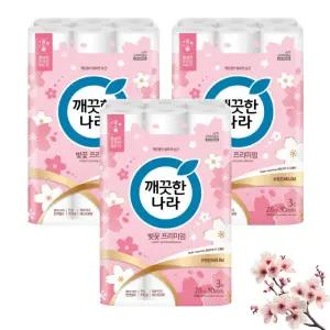 깨끗한나라 벚꽃 화장지 30롤 허브가든 3겹 28m 두루마리 휴지 물에잘녹는 무형광 프리미엄, 3팩