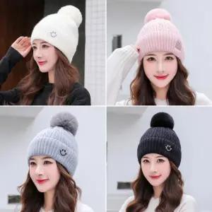 겨울 스마일모자 니트방울모자 골지 여성 털모자 방한 패션 비니 캐주얼 방한모자 패션모자 여성모자