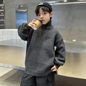 터틀넥 목 티 폴라 캐시미어 니트 기모 스웨터 남자아이 반칼라 두꺼운 2025년 가을 겨울 중대형 어린이용