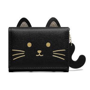 선웰 패션 걸스 귀여운 3D 고양이 얼굴 글리터 이어 지갑, 꼬리 삼단 접이식 지갑 ID 카드 케이스 지퍼 포켓(BLACK, CAT)