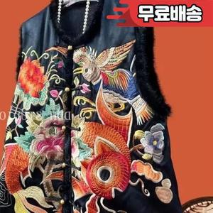 새틴 패치워크 자수 조끼 민소매 상의 고대 중국 스타일