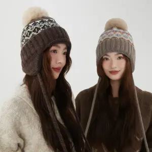 레트로 방울 귀달이모자 노르딕 니트 겨울 군밤 귀마개 스키 털모자