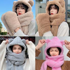 일체형 곰돌이 모자 넥워머 장갑 5color 여자 여성 아동 남아 여아 어린이 키즈 목도리 후드 모자