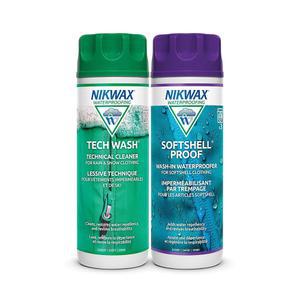 Nikwax 소프트쉘 청소 및 방수 듀오 팩, 재킷, 바지, 조끼, 아우터웨어, 스키 및 스노우 기어의 DWR 발수성 청소 및 복원