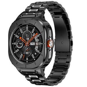 삼성 갤럭시 워치 울트라 2/1 47mm(2025 2024)와 호환되는 케이스가 있는 베이유 스테인리스 스틸 밴드, 7 8 남성용 러기드 프로텍터 커버 메탈 밴드(블랙)