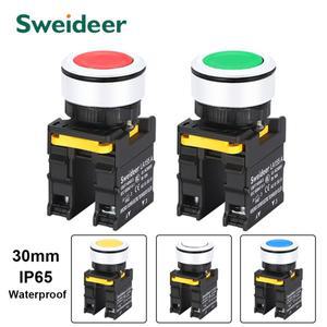 30mm 버튼 스위치 방수 순간 재설정 자동 잠금 전원 푸시 플랫 헤드 10A 1NO 1NC 2NO 빨간색 녹색 노란색