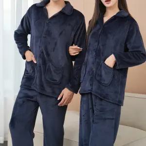 (제이지몰)남성 여성 단색 카라 수면 잠옷 세트 겨울 극세사 파자마 상하 베이직 커플 홈웨어 인조 밍크