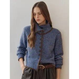 [하프클럽/]하이넥 카라 스트라이프 니트 가디건