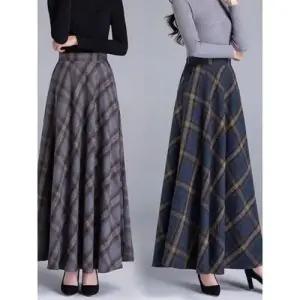 여성 출근룩 정장 스커트 가을 겨울 체크 모직 하이웨스트 A라인 롱 우산 힛템