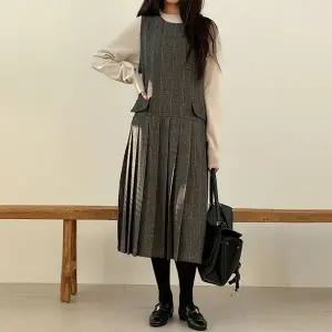 [삐까삐까]타탄 체크 울 플리츠 롱원피스 겨울 모직 원피스 루즈핏 우아한 겨울 하객룩_P412532467