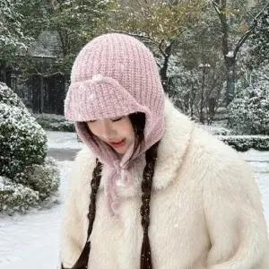 여자 니트 소재 골지 겨울 방한 모자 귀달이 모자 비니