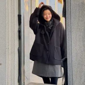 모직 나그랑 후드 숏 코트 누빔안감 여성 빅사이즈