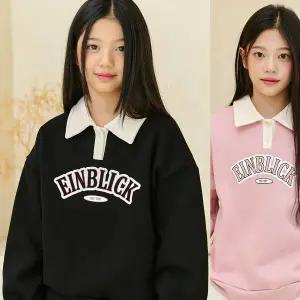 [모데쯔]주니어 10대 겨울 기모 특양면 데일리 배색 카라티 스쿨룩 초등여아 등교