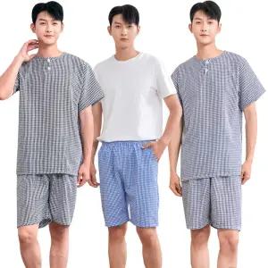 슬레진저 남성 지지미 반팔 잠옷 세트 5부 바지 남자 시어서커 파자마 여름 홈웨어 상하세트