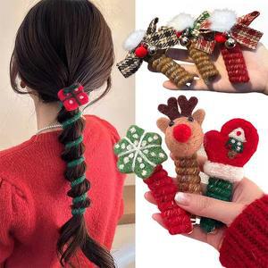 러블리 리본 크리스마스 데코 털 퍼 전화선 헤어 타이 포니테일 스프링 머리끈 꽈배기 고무줄